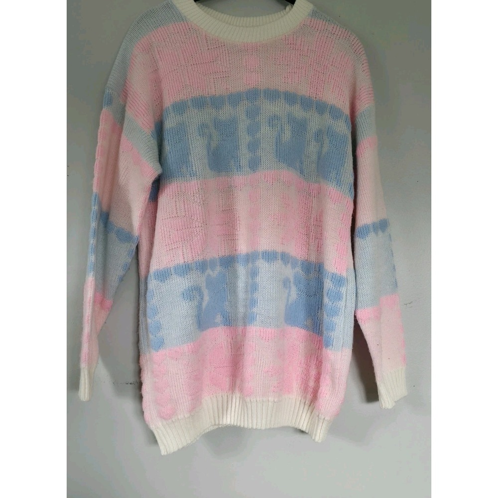 Vintage 80s Pastel Pink Blue Striped Knit Sweater Cat Granny Womens Large